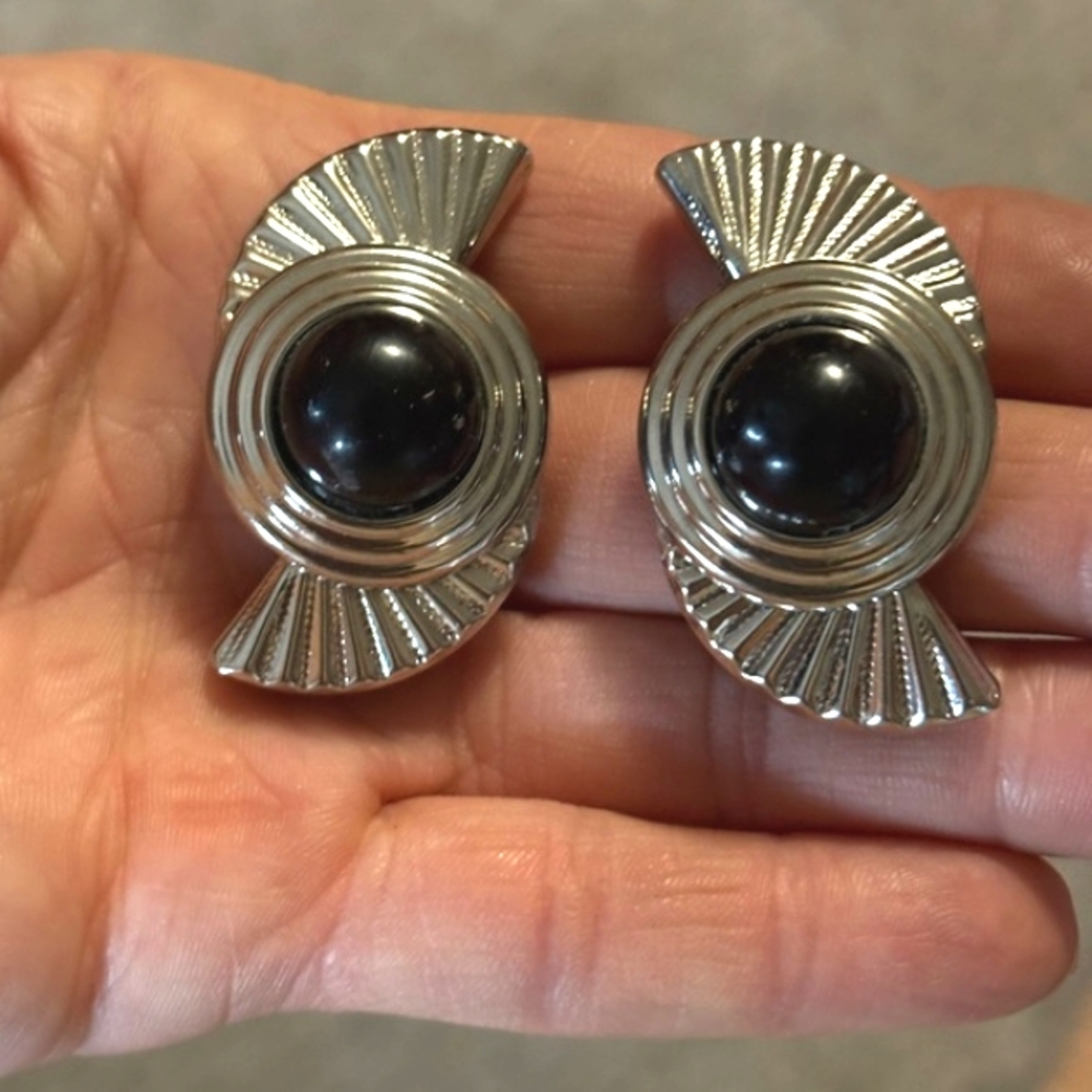 VINTAGE SWIRLED BLACK GLASS SILVER-TONE POST DROP 1.7" EARRINGS